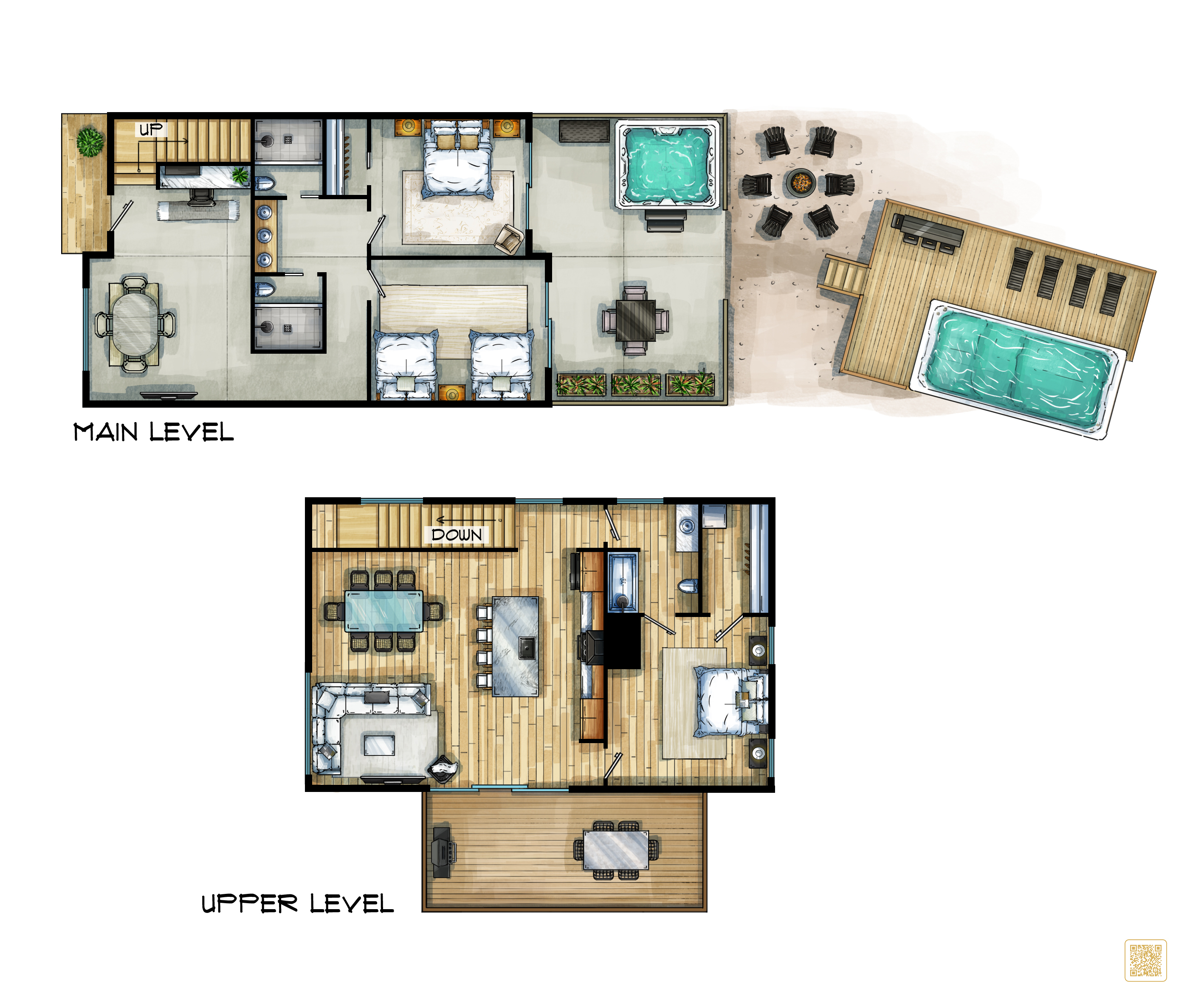 {Gallery House Floor Plan}
Thoughtfully designed for connection, comfort, and slow mountain mornings — with cozy gathering spaces, wellness amenities, and seamless indoor-outdoor living.
