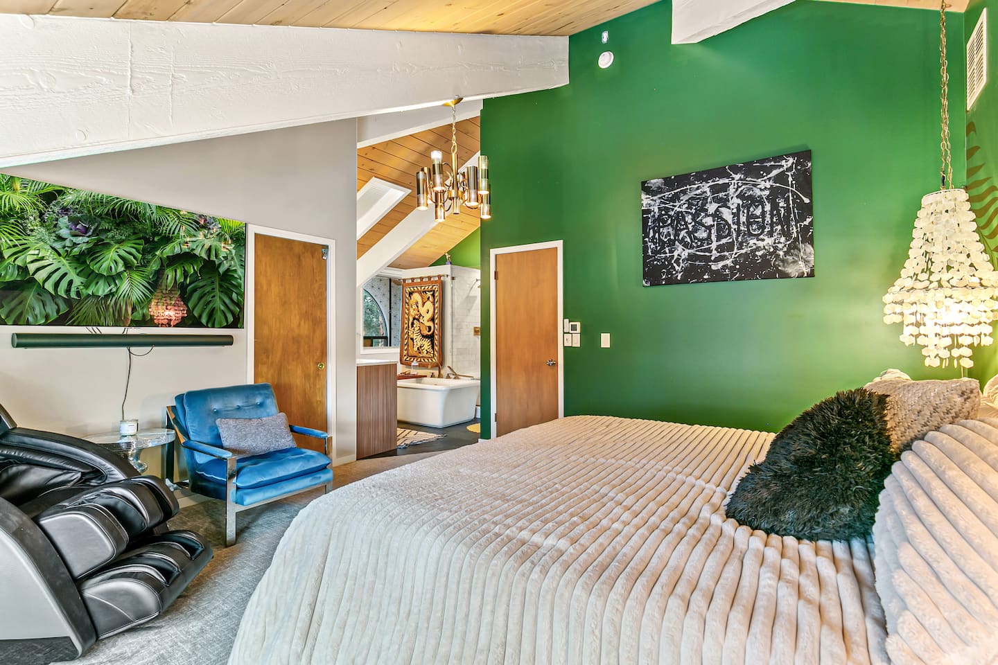 The master bedroom is furnished with a luxurious king bed, a private bath, a bidet toilet, a dual shower head, a twin sink setup, and a private closet for your convenience.