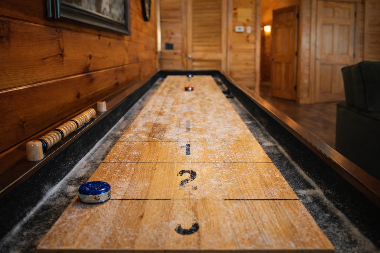 Shuffleboard table that is great for singles or doubles tournaments!