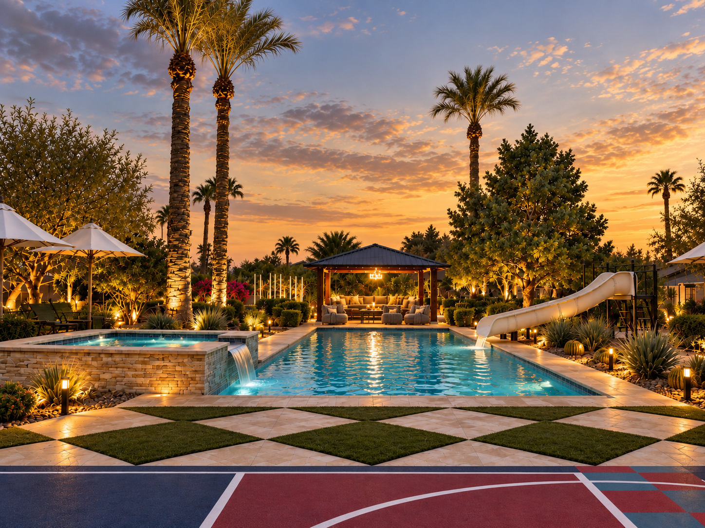 {Pool & Spa}  Your private Scottsdale oasis — featuring a heated 36x16 saltwater pool, 14-person hot tub, waterslide, and poolside movie pergola for unforgettable days and nights in the desert.