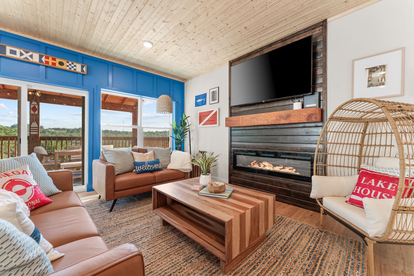 Comfortable seating while you sit in front of our electric fireplace as you watch a movie on our 65" TV 