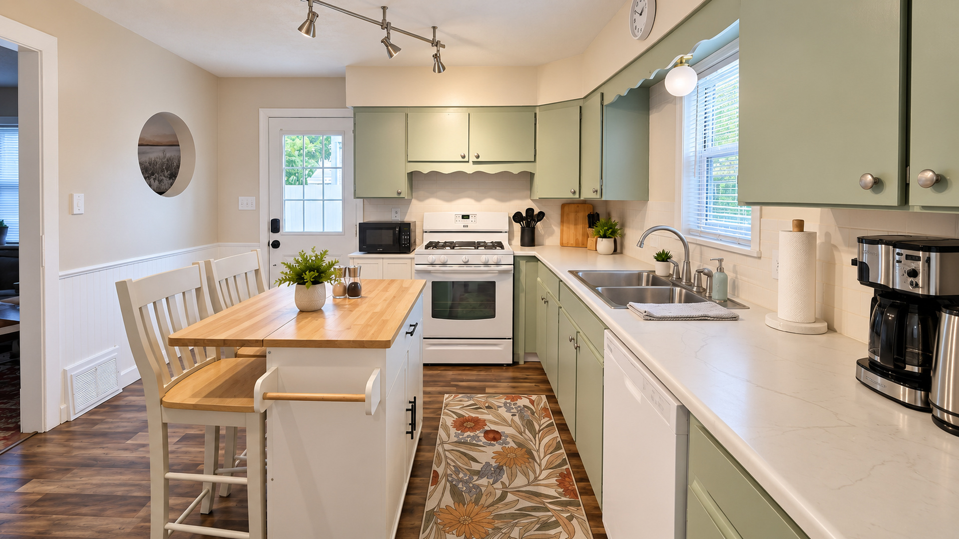 Full kitchen with island and plenty of room for preparing meals.