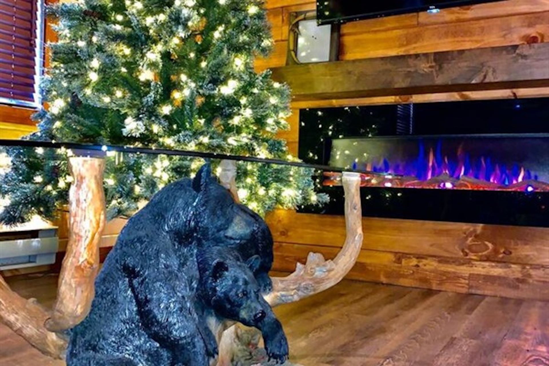 Seasonal fireplace setting with rustic cottage decor