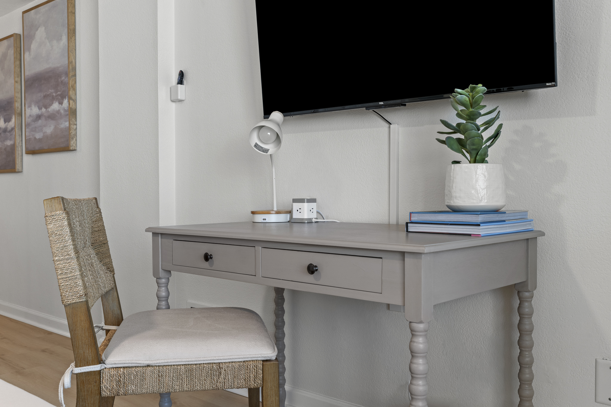 Stay productive in paradise with a dedicated workspace and easy-access charging ports.