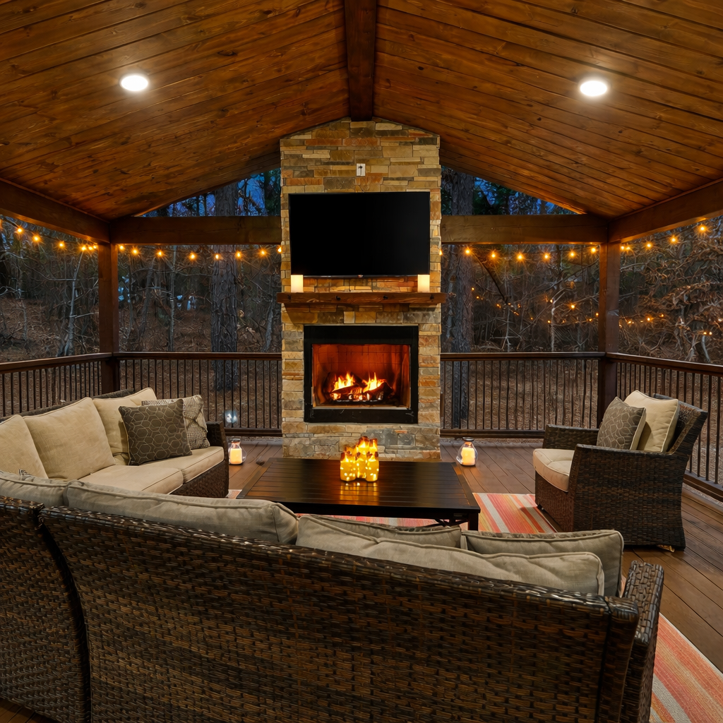 Covered porch with fireplace — your go-to spot for cozy evenings year-round