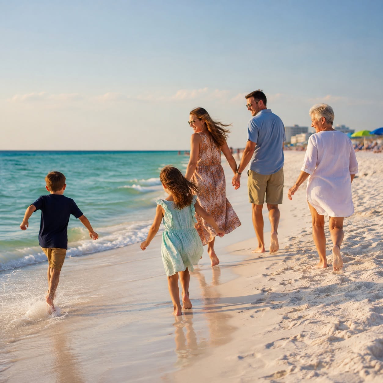 AI-created family beach-day illustration inspired by Panama City Beach. Off-property outing; shoreline conditions vary.