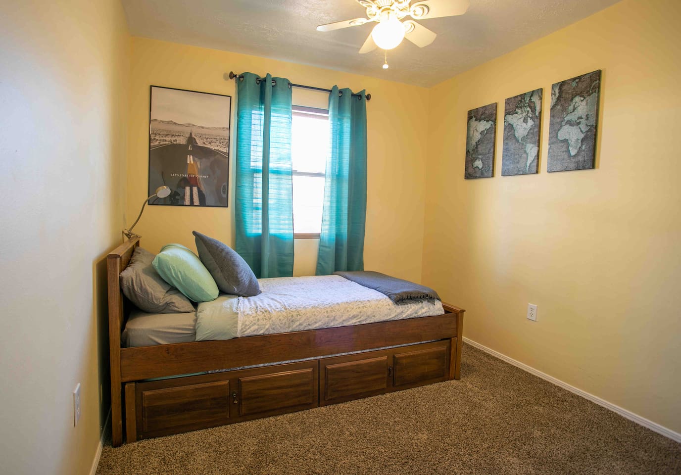 Currently this trundle bed is not available and has been replaced with a queen bed. Updated photos coming soon. 