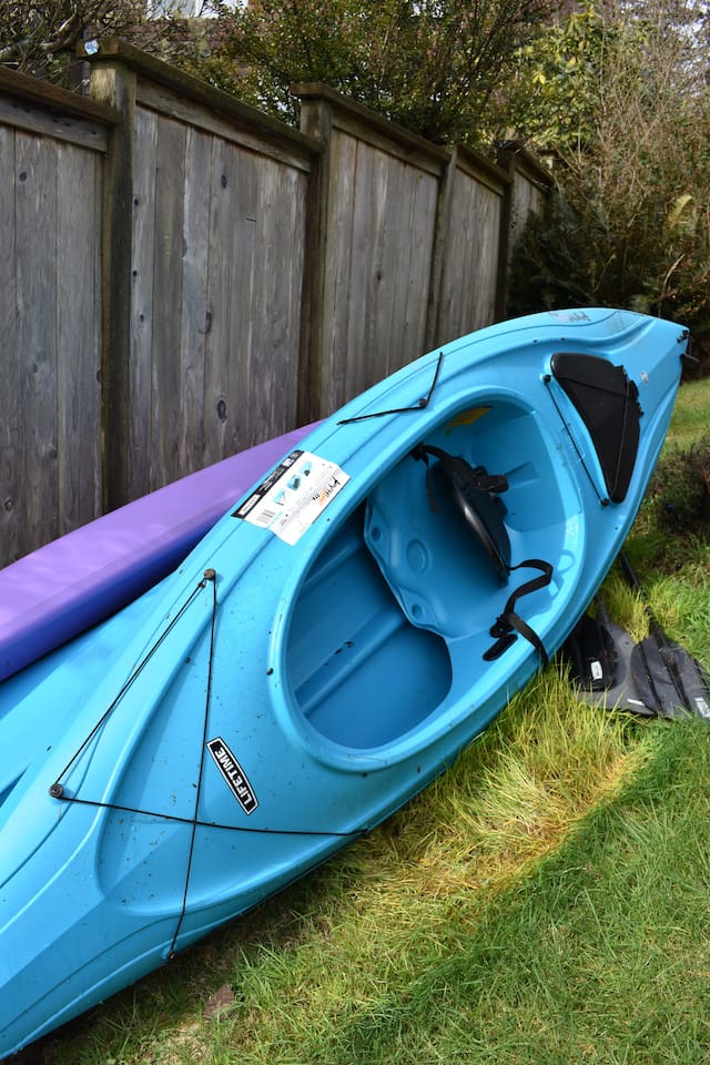 2 kayaks and a standup paddle board