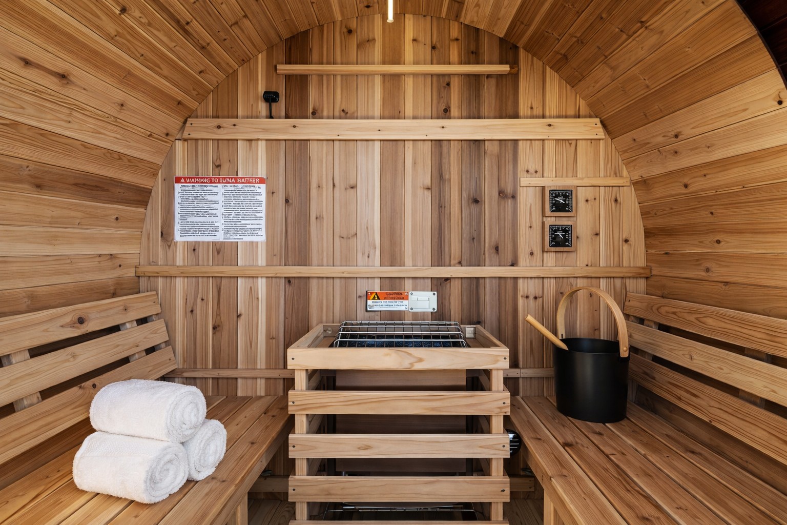 {Sauna} Private 4- person barrel sauna with bench seating, towels provided, and a true spa-style experience to unwind and reset.