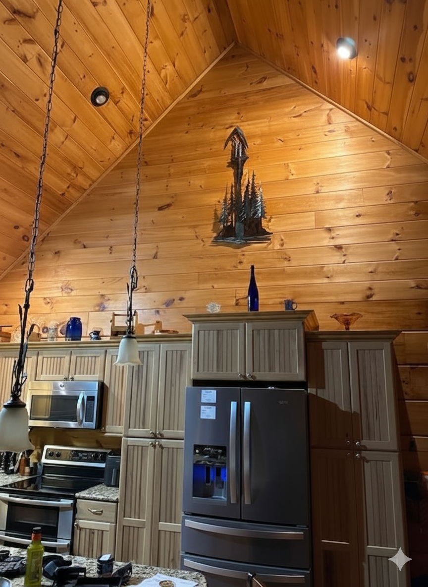 Kitchen: Embrace culinary adventures in this rustic retreat with stunning wooden accents!

