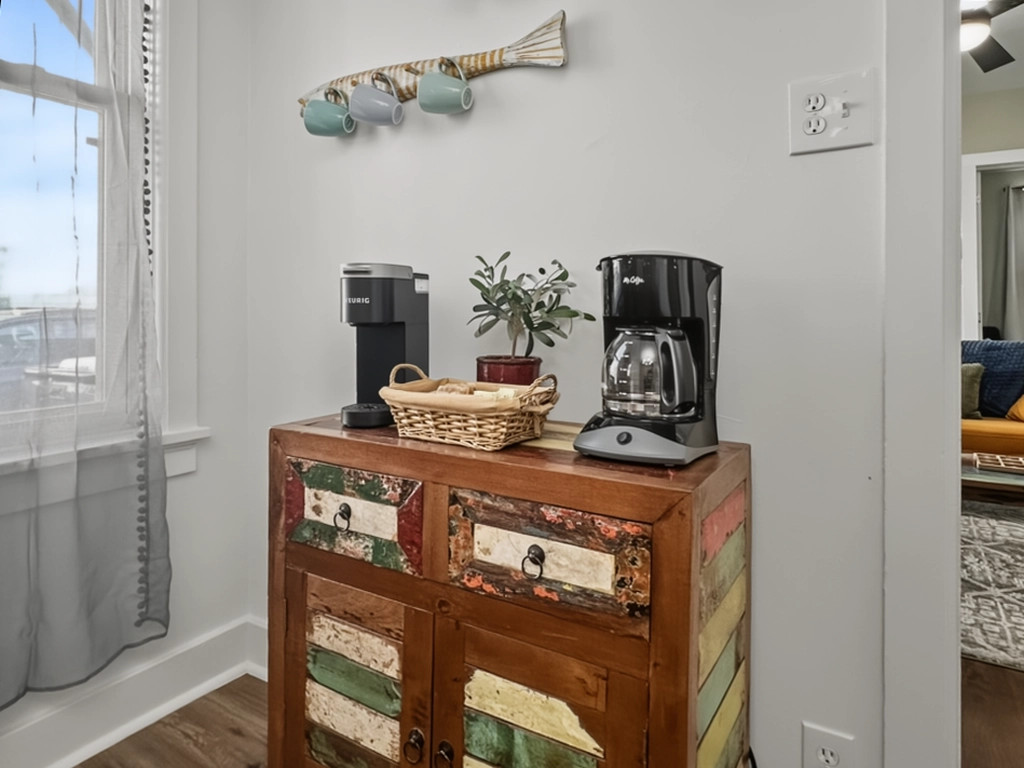 Stocked coffee bar with Pod and Carafe coffee machines