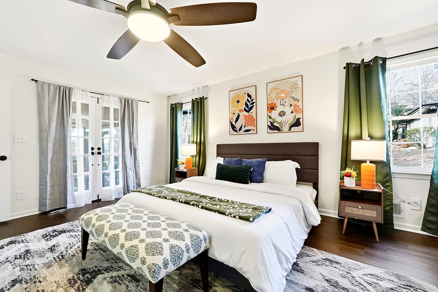 Spacious first-floor master bedroom located to the far right as you enter through the front door. This earthy, calming retreat features a king bed and smart TV. This room includes 2 full-body towels, 2 washcloths, and 2 hand towels for your stay.