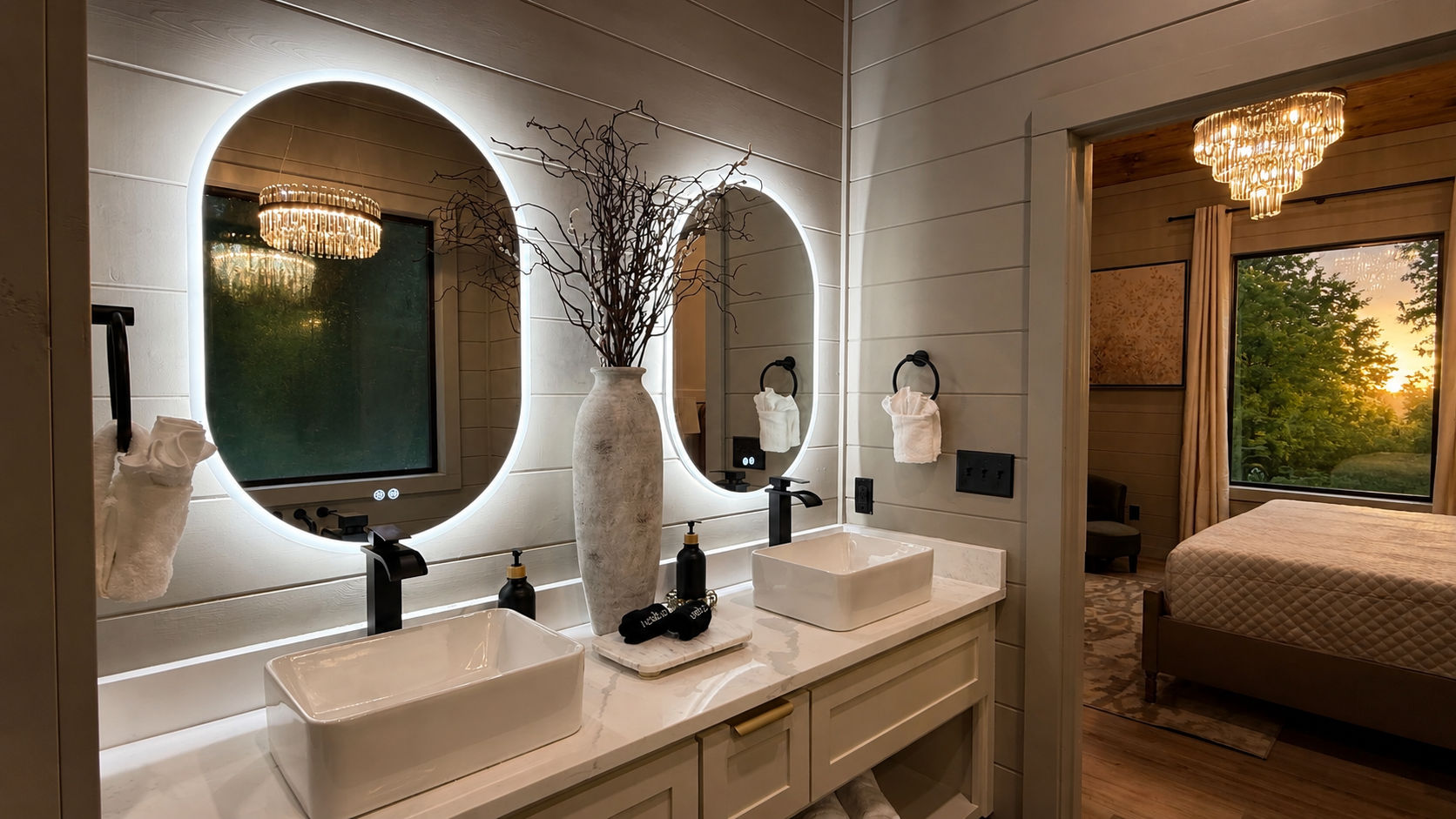 Luxury Bathroom: Experience elegance with dual sinks, stunning fixtures, and serene sunset views!