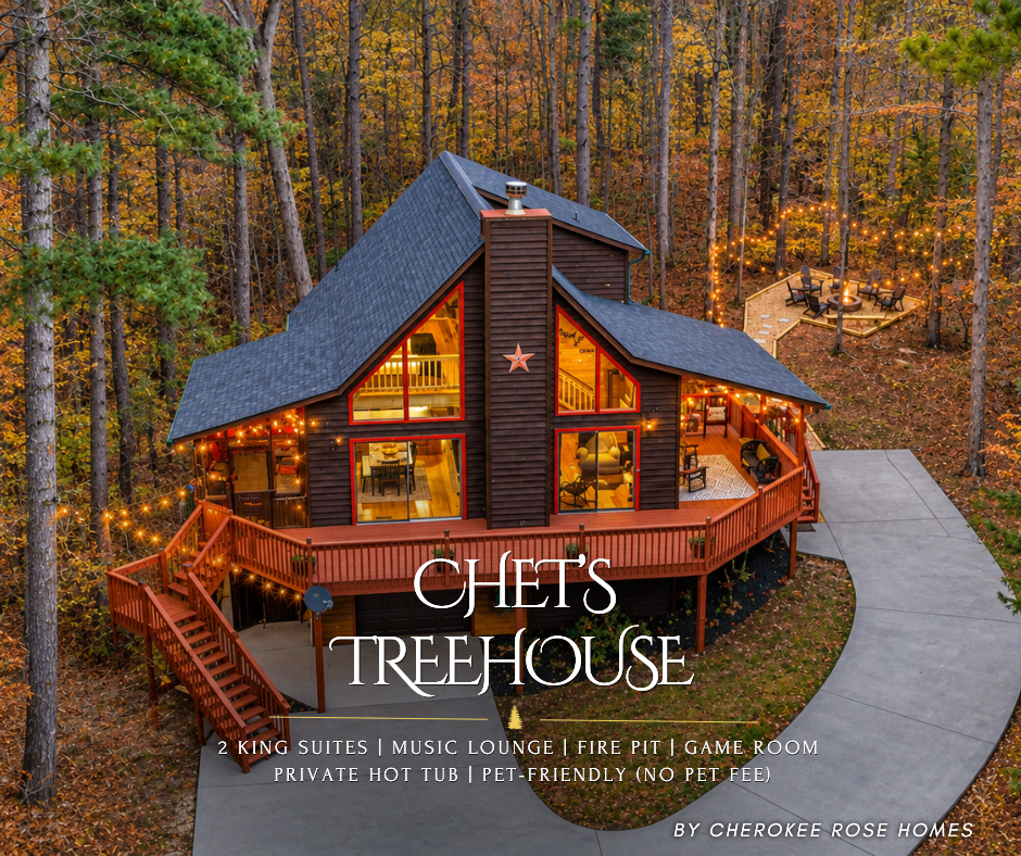 A cozy pet-friendly mountain retreat featuring two king suites, a private hot tub, fire pit, game room, music lounge, screened porch, and easy access to the Coosawattee River (0.5 miles) .