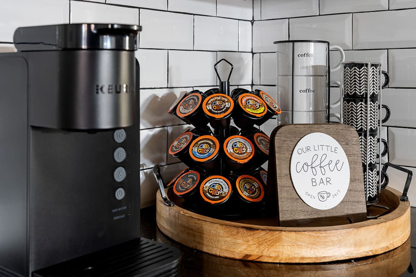 Enjoy the beautiful, complimentary coffee station equipped with a Keurig coffee machine, K-Cup pods, tea, sugar, cream, and more 