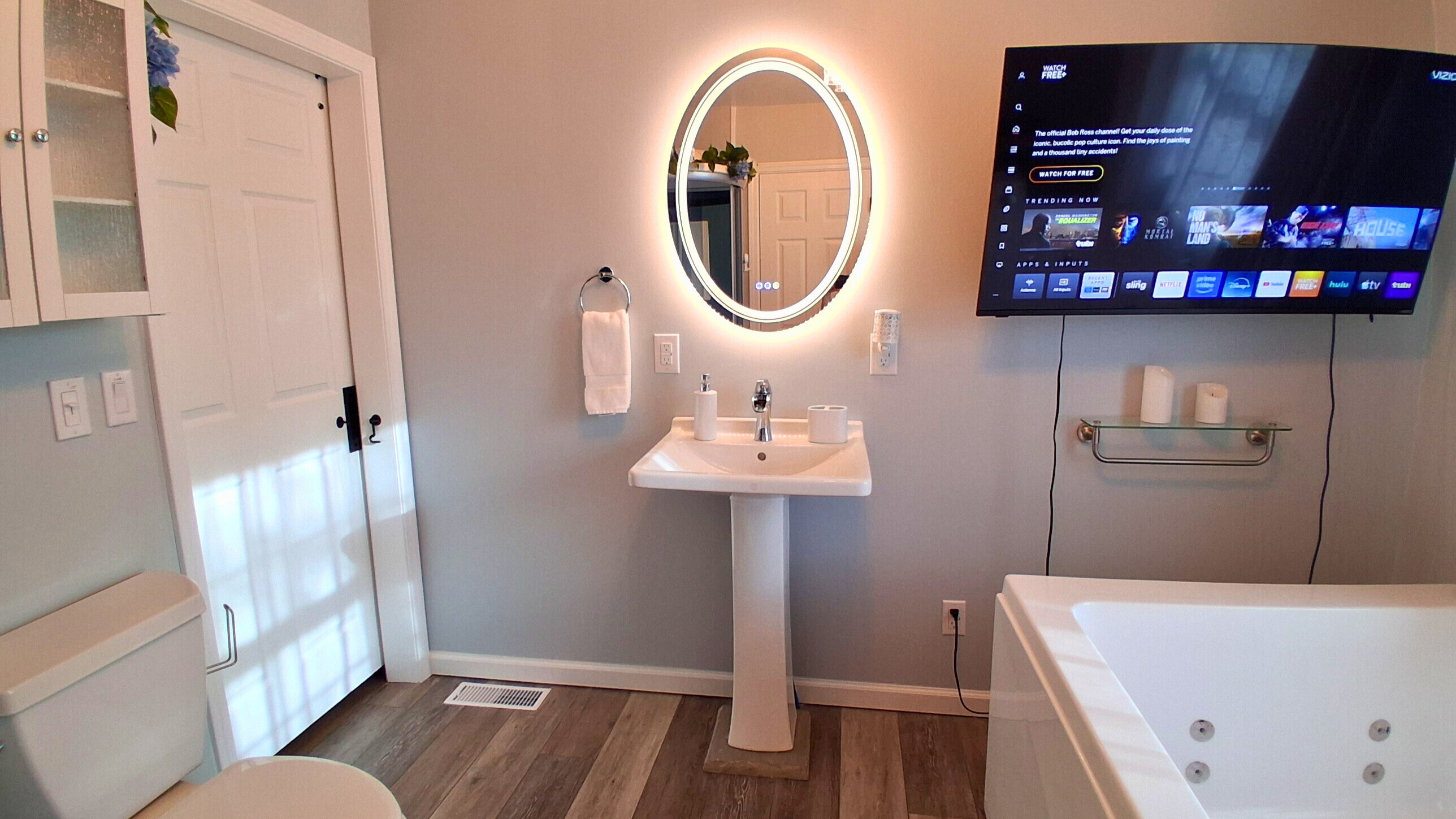 Enjoy a 42" backlit TV, perfectly positioned for viewing from the jetted tub and a fog-free mirror. Whether you're streaming your favorite shows or unwinding with someone special, relax together in the comfort of warm, swirling jets and ambient lighting.