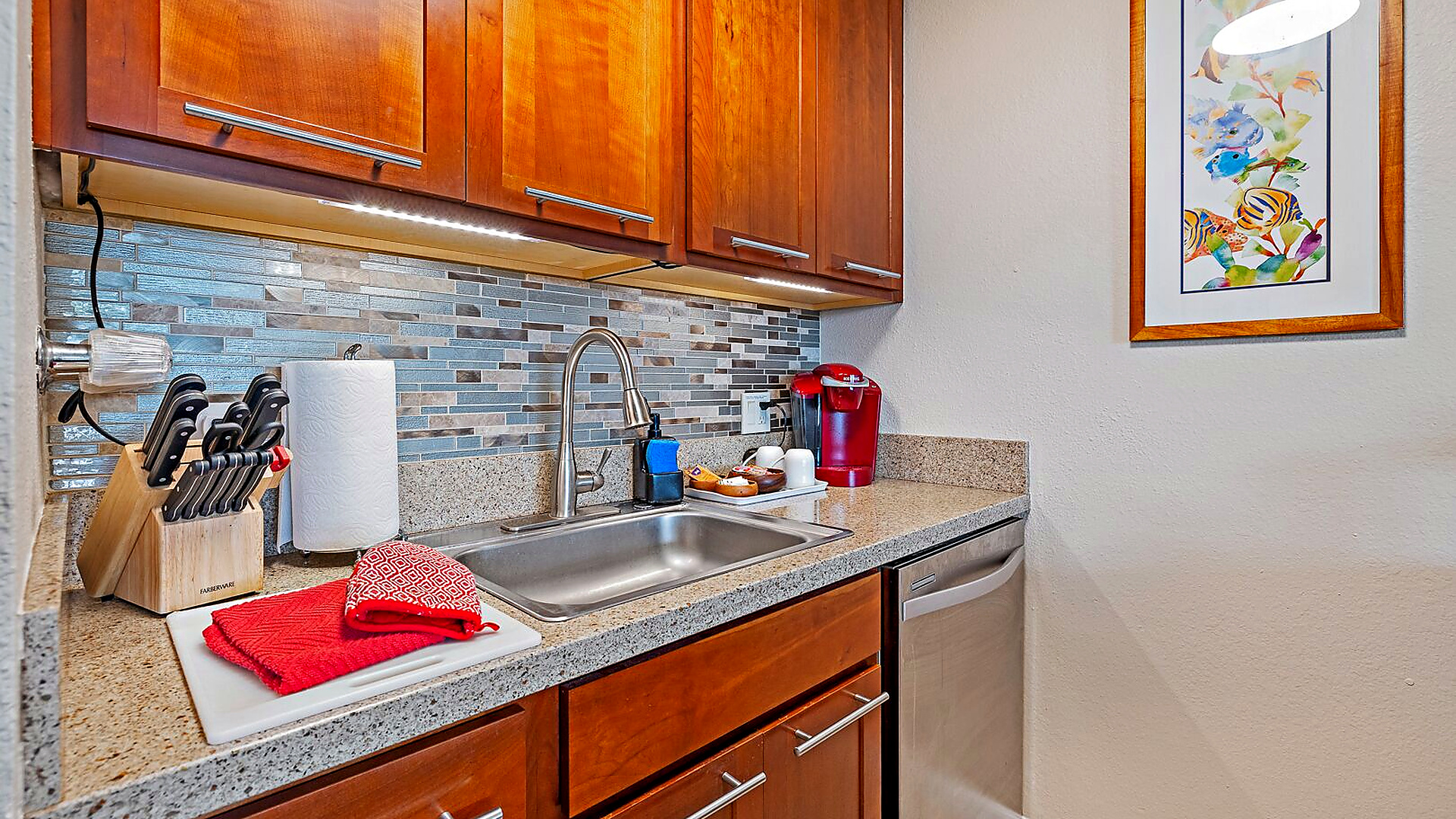 Remodeled kitchen with dishwasher, Keurig and regular drip coffee maker too.