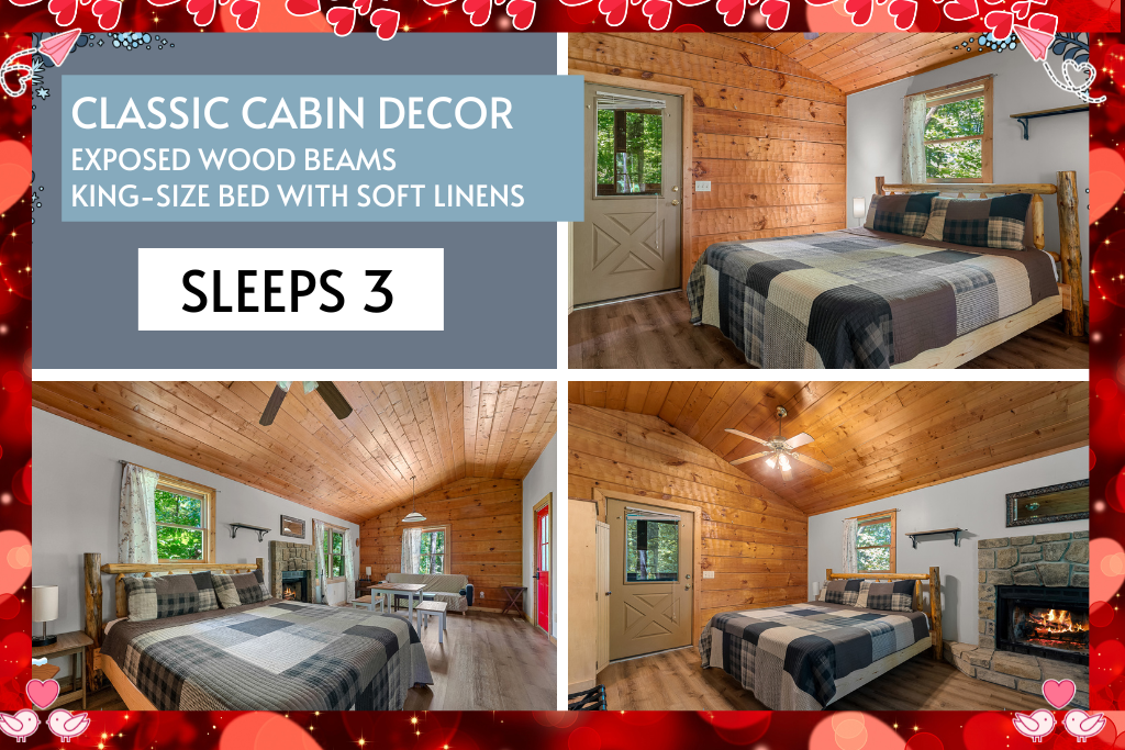 Cozy up in soft linens under exposed beams—sleeps 3 comfortably.