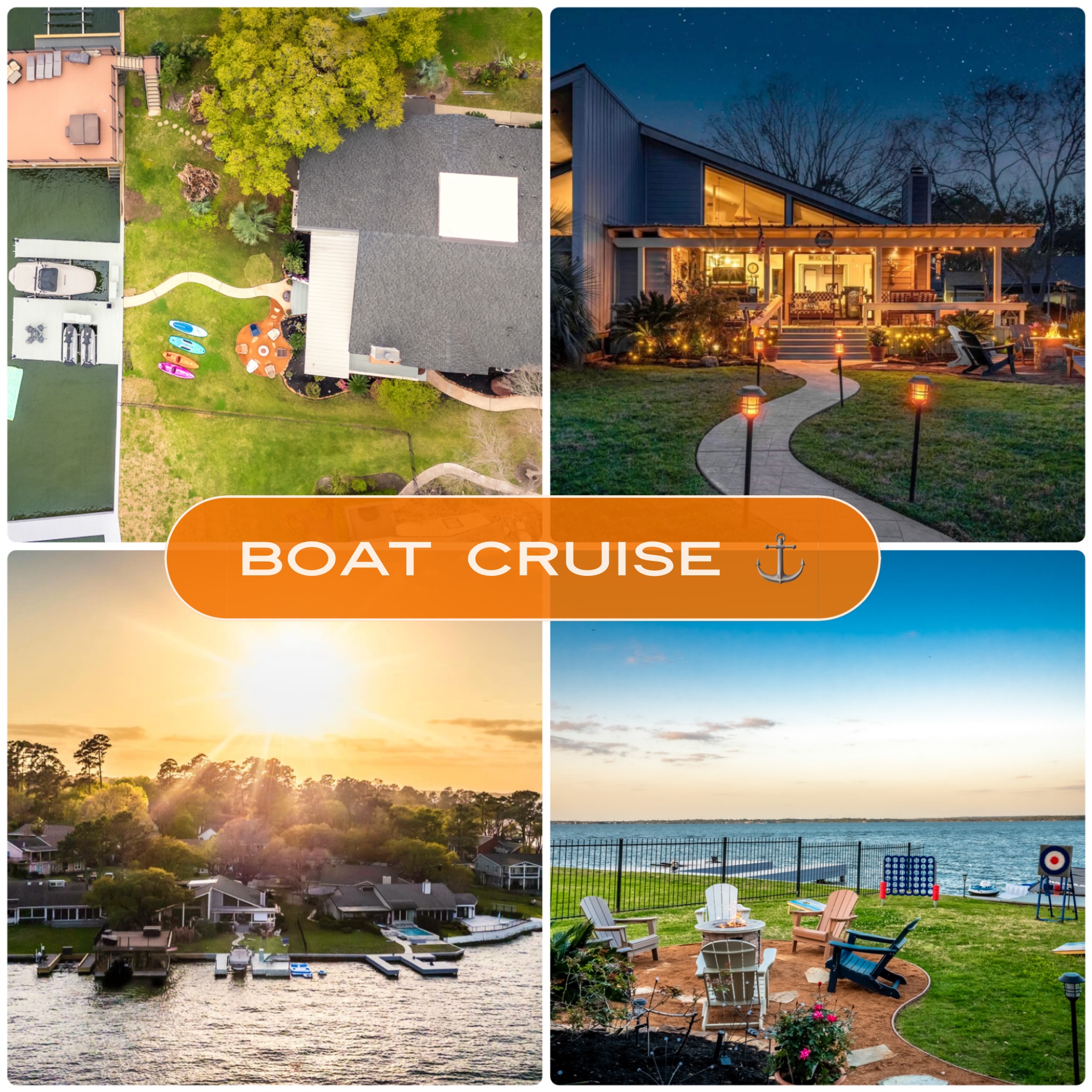 Enjoy lakefront living at its finest—sunset views, cozy firepits, waterfront fun, and a relaxing boat cruise. The perfect blend of comfort and adventure awaits!
