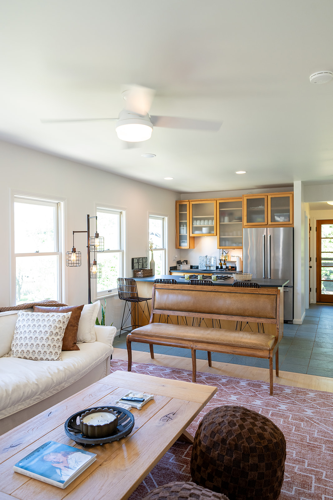 Bright and comfortable living space designed for relaxing after a day in Napa. Smart TV and large sofa couch and bench. Board games included for a night in. 