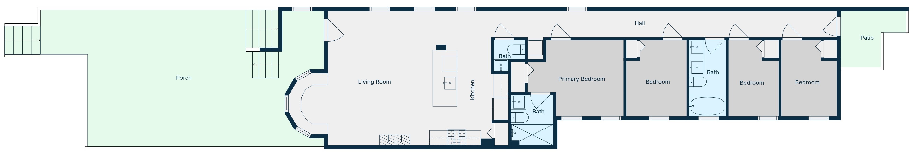 The space is approximately 1,300 sq ft total (interior) and has 4 bedrooms and 2.5 bathrooms, along with a shared front patio area and rear patio area on the exterior