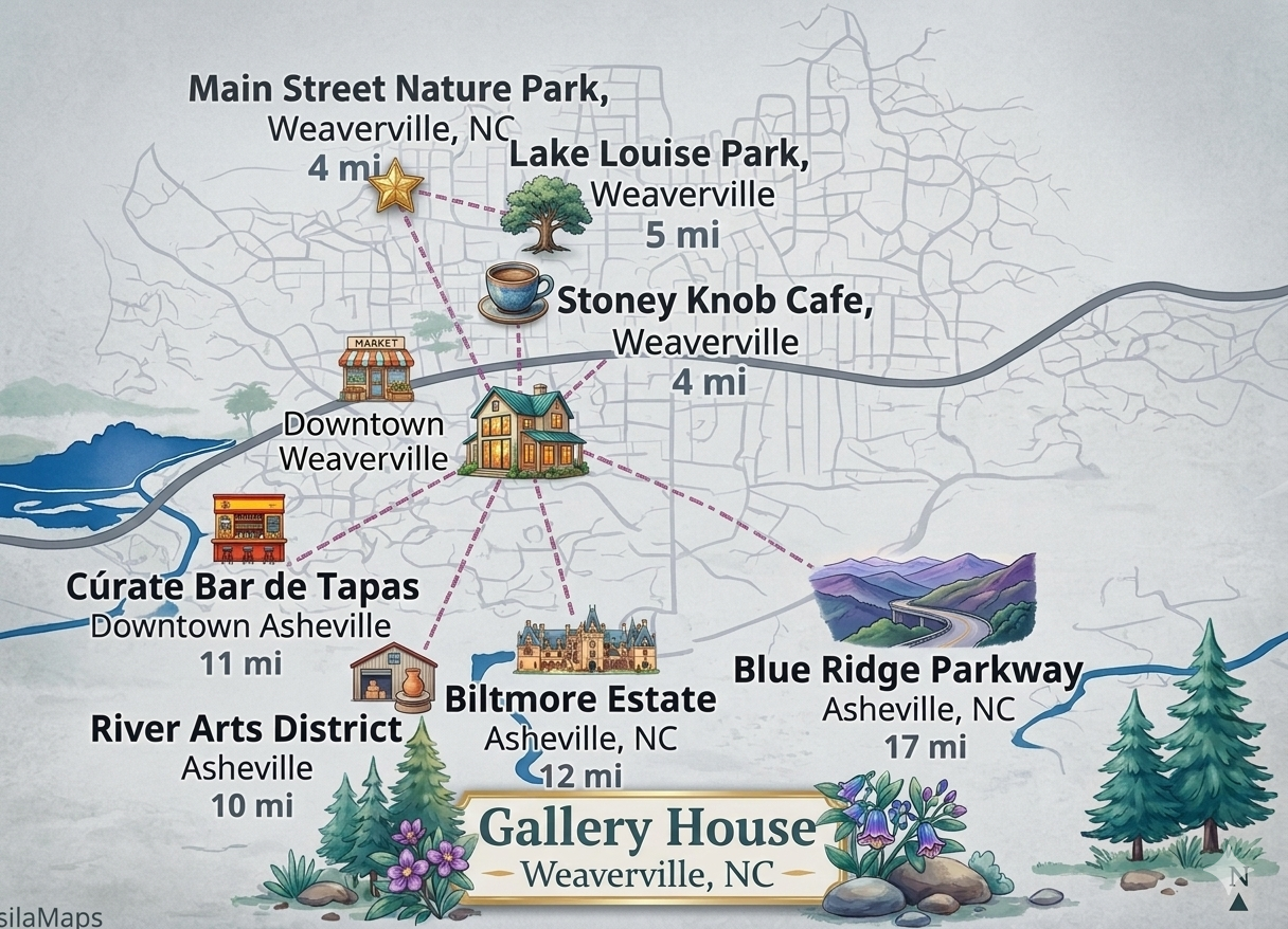 {Location} Tucked into the mountains, yet just minutes from Asheville’s best restaurants, breweries, and iconic destinations — 12 min to the Biltmore and 15 min to downtown Asheville.