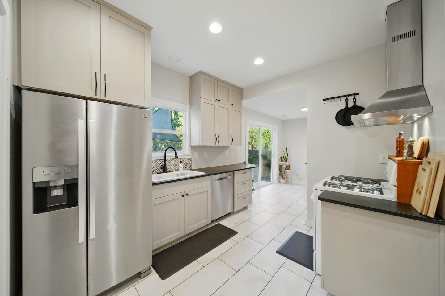 Stocked kitchen with new appliances. 