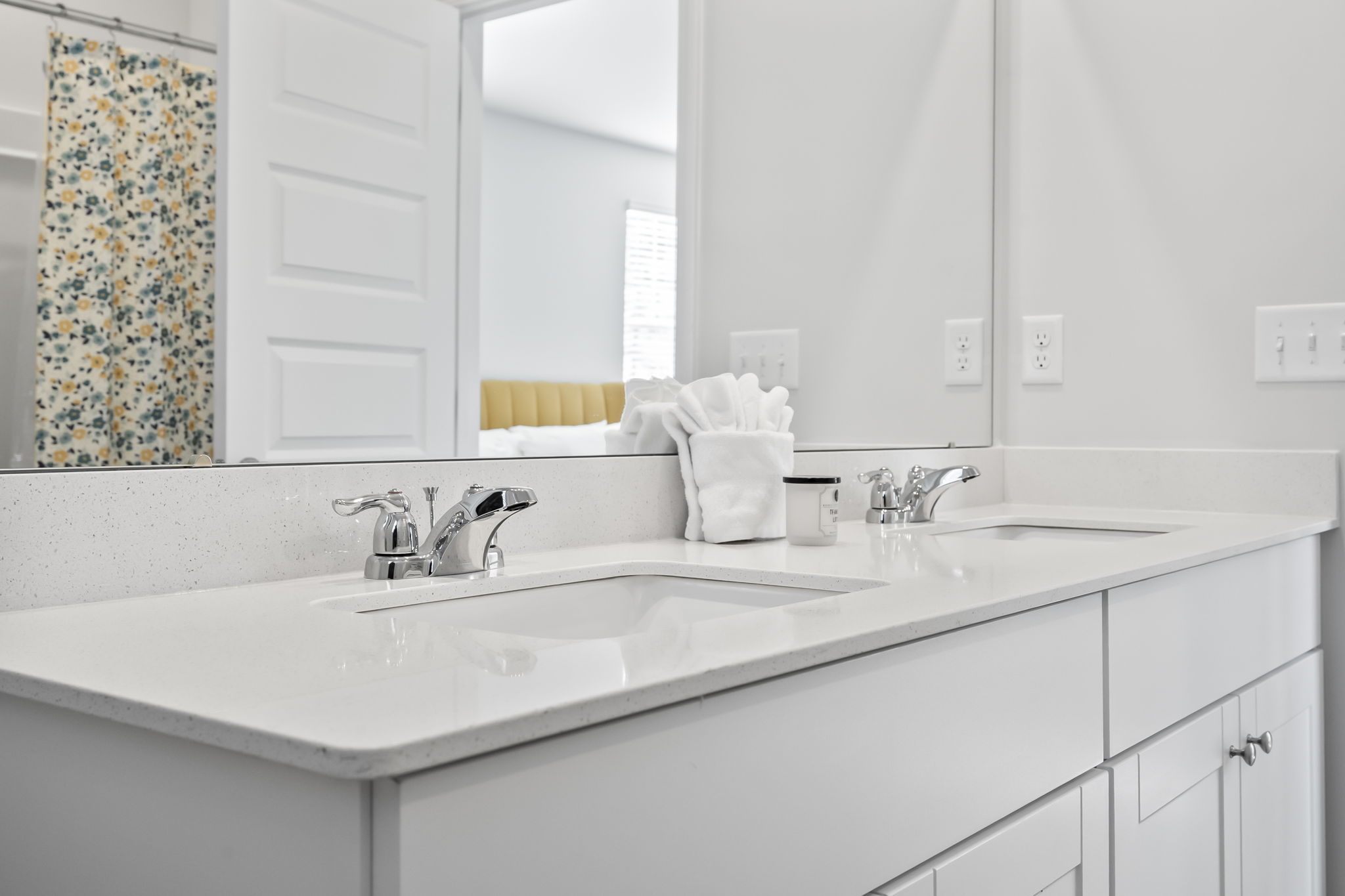 Upstairs full bathroom with dual vanities 
