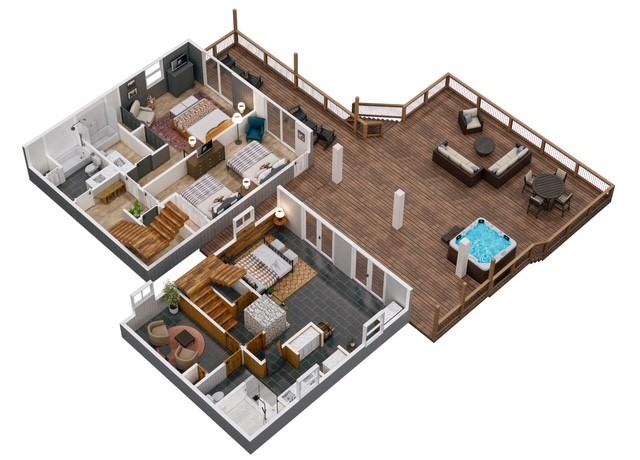 First Floor Layout: Primary sleeping level with three bedrooms. The primary suite is on the original side of the home, while the Bear Room and Duck Room are located on the newer side, with a shared bath—ideal for privacy and quiet evenings.