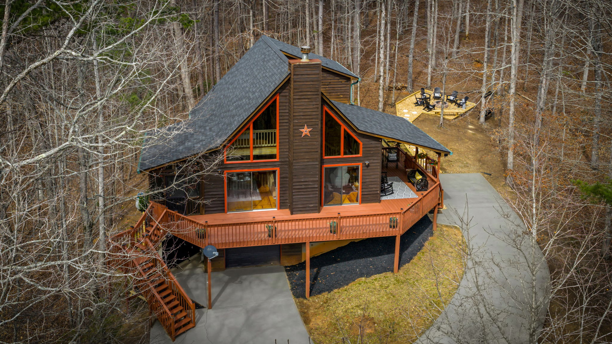 Beautiful aerial shot of the cabin.