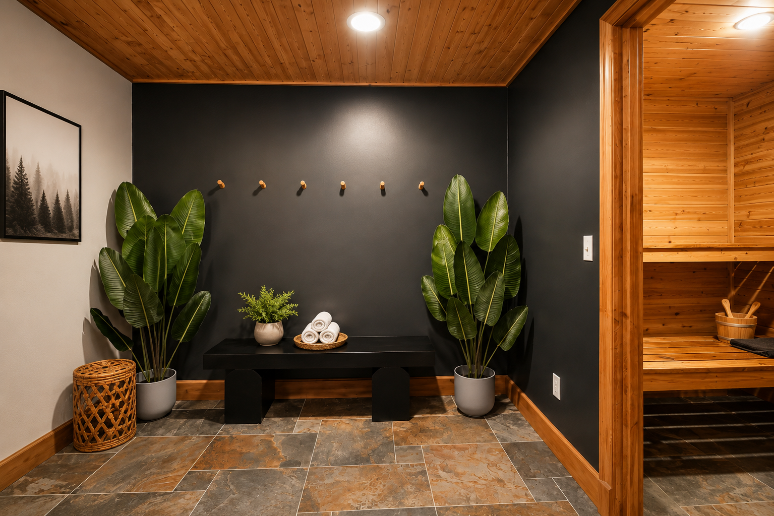 {Sauna} Soothe tired muscles and recharge in the warmth of your private cedar sauna—the perfect complement to a day spent hiking Pisgah Forest.