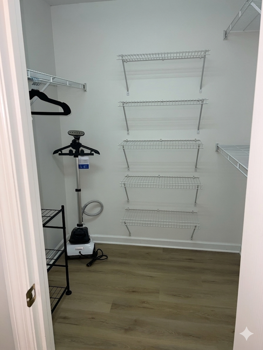 Clothes steamer and iron stocked in the closet for a crisp finish.