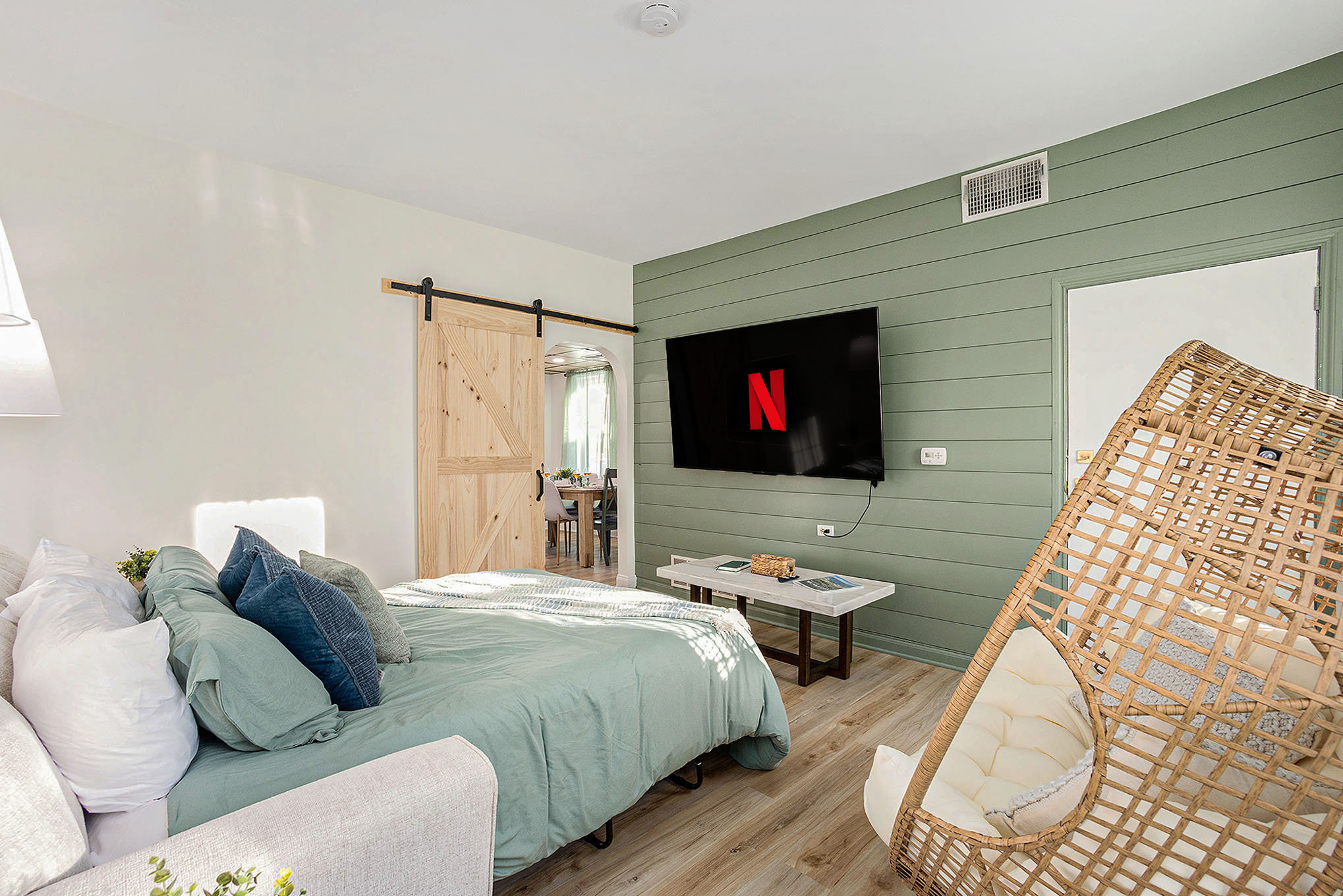 Queen sofabed with privacy latch on barn door