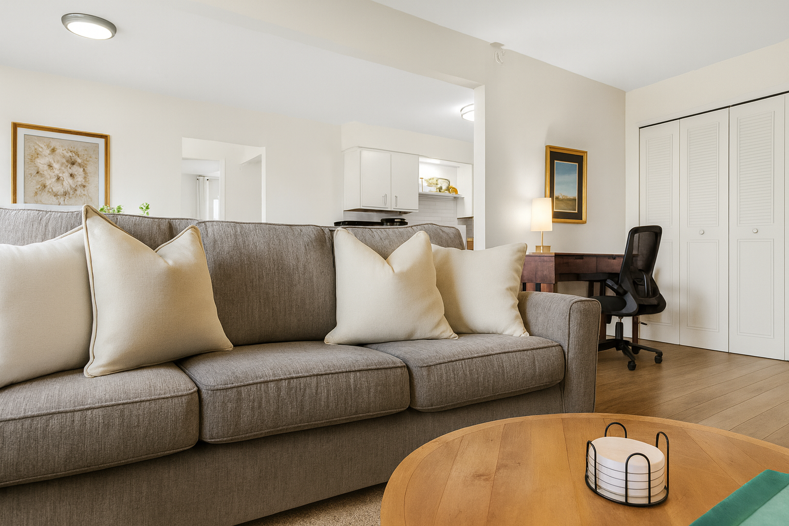 Bright and modern 1BR with stylish décor, comfy sofa seating, and a dedicated workspace.