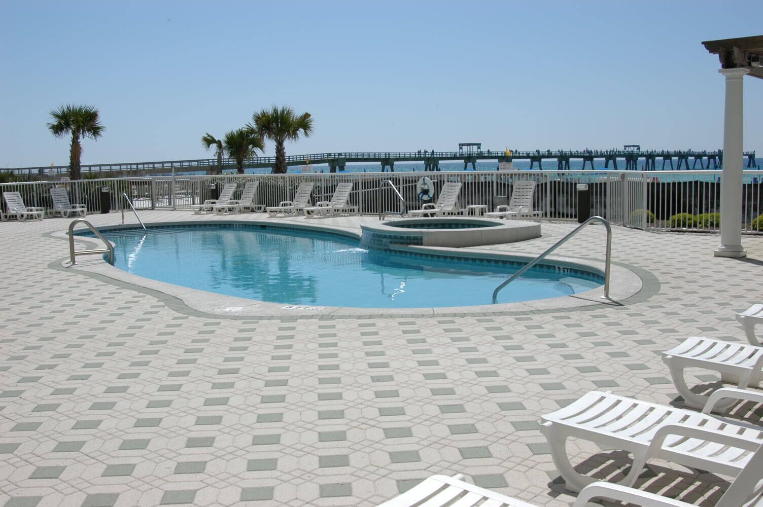 Our amazing pool area with hot tub. In winter, one of our 3 pools will be heated