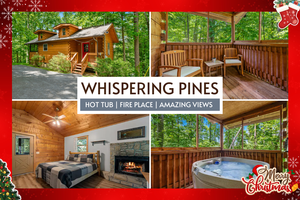 Whispering Pines offers a cozy cabin escape with a hot tub, fireplace, and stunning views—perfect for a peaceful stay.