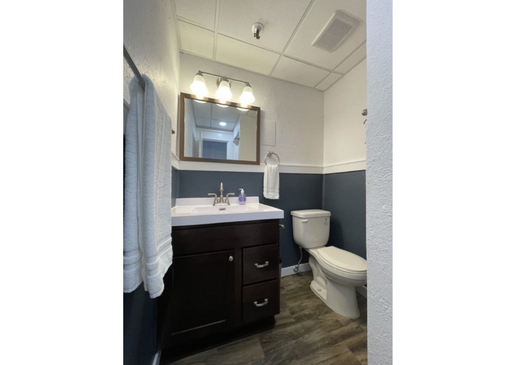 Renovated bathroom with shower.