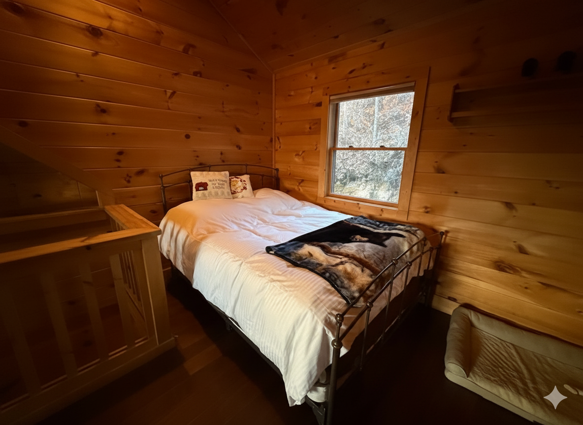 Bedroom Retreat: Enjoy tranquil nature views from this charming room with rustic wood accents!


