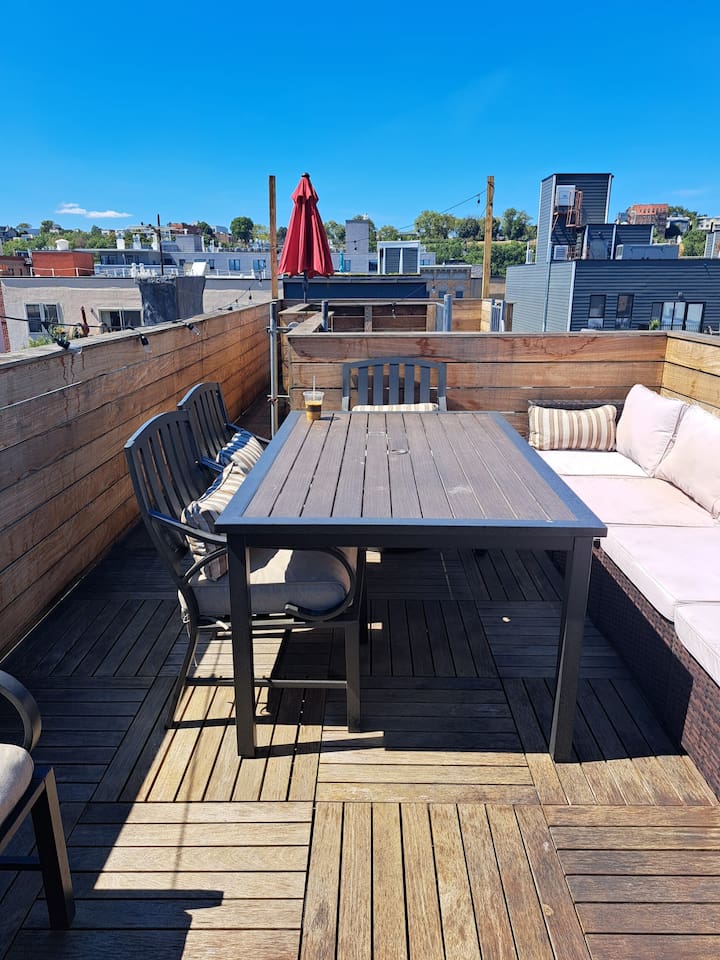 Private rooftop with NYC views of World Trade Center, Empire State building, etc.