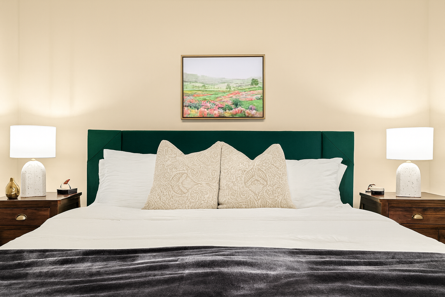 Indulge in the comfort of our king-size bed adorned with luxurious linens and pillows.