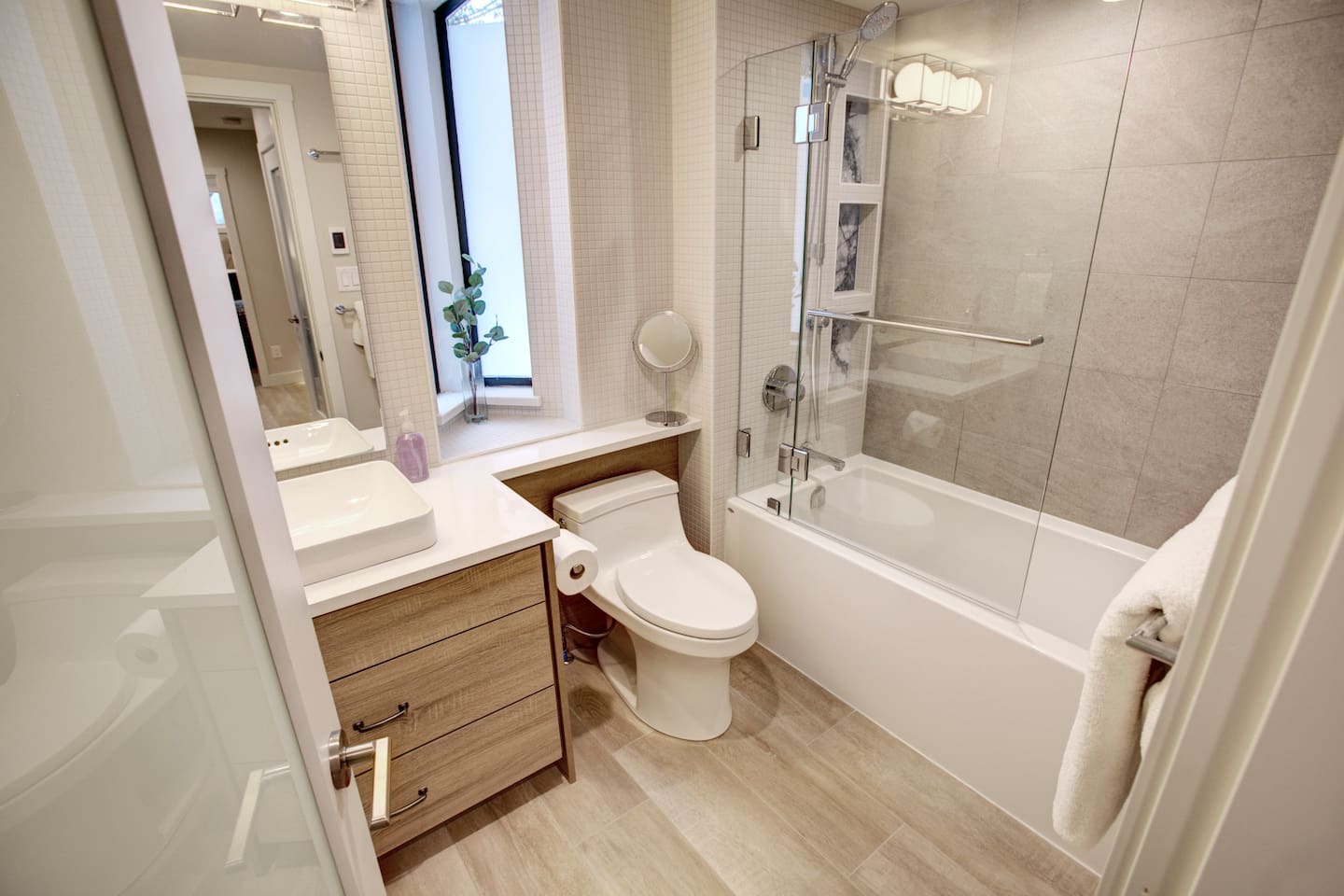 Bathroom #2 on 2nd floor bedroom level complete with deep soaker tub and shower.  Unlimited hot water.  Heated floors. Hair Dryer. Shampoo, Conditioner, Body Wash provided