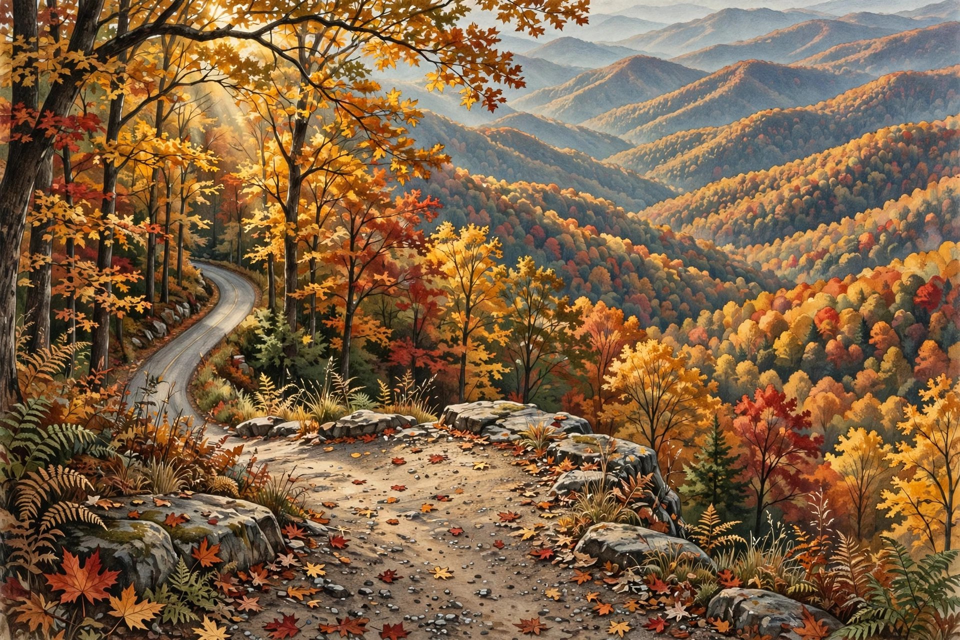 Newfound Gap Road overlook with Smoky Mountain ridges in fall color