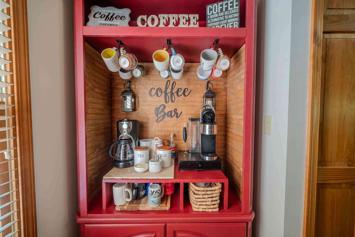 Our dedicated coffee bar is fully stocked with everything you need—drip coffee, a keurig machine, tea options, sweeteners, and a fun mix of mugs. 