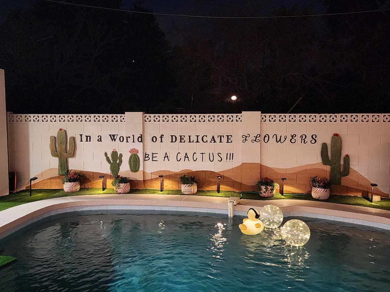 A space with personality and desert charm. The illuminated mural, cactus accents, and glowing pool create a distinctive Arizona vibe guests love to enjoy and photograph.