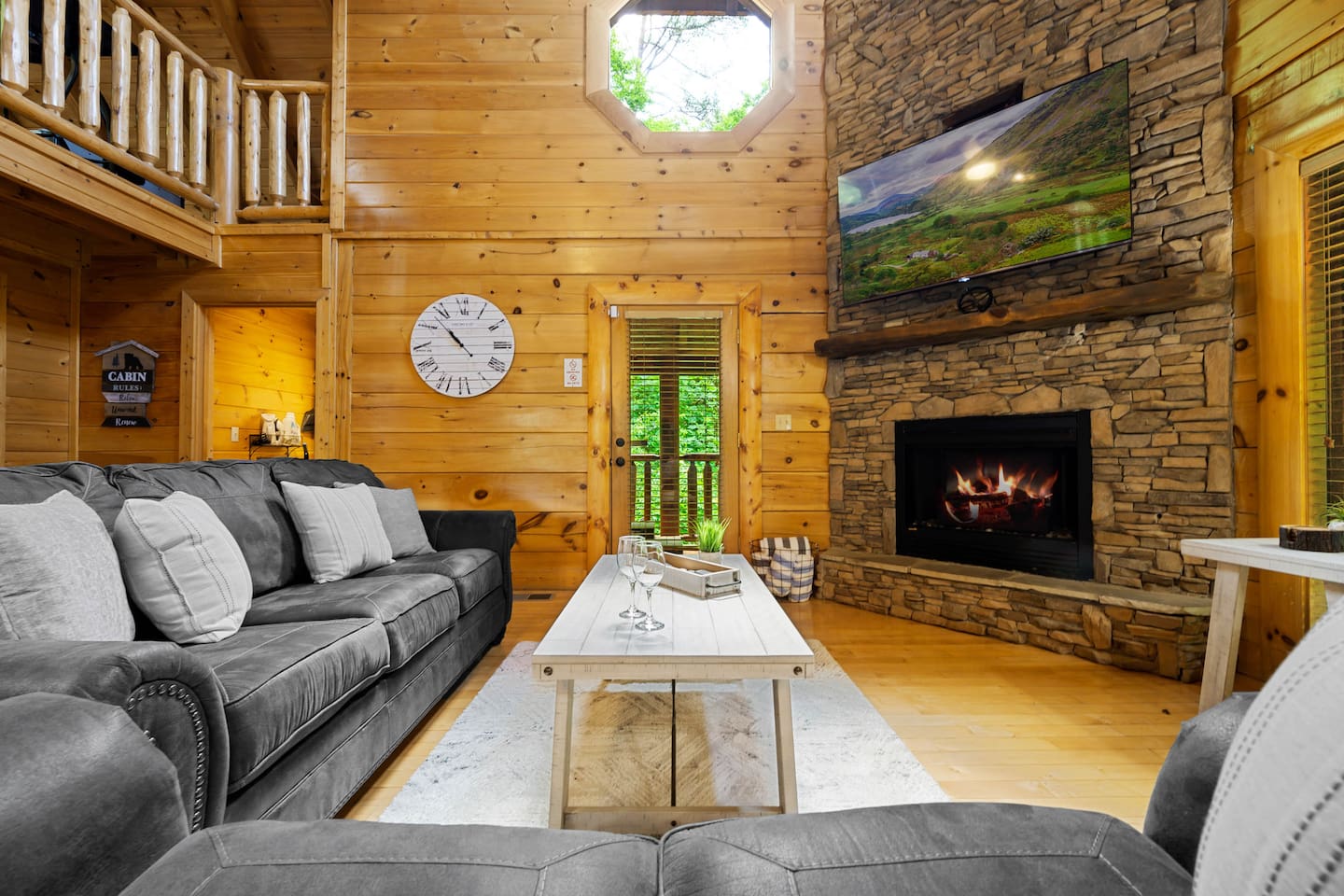 A selection of entertainment options including a 65" 4k Roku TV and Xfinity cable TV. Open the back door to step out into the relaxing hot tub.