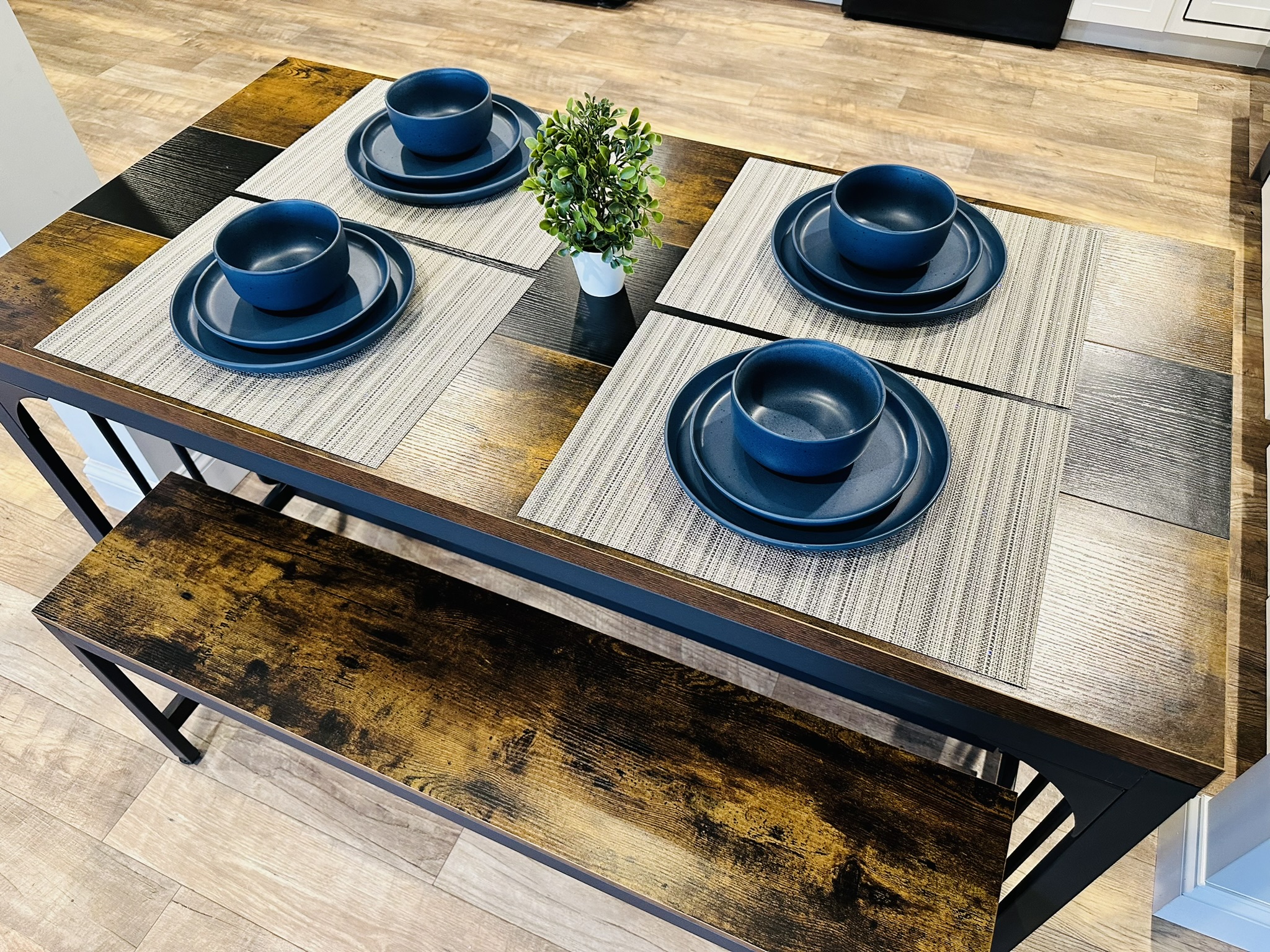 Dining table with space for four.