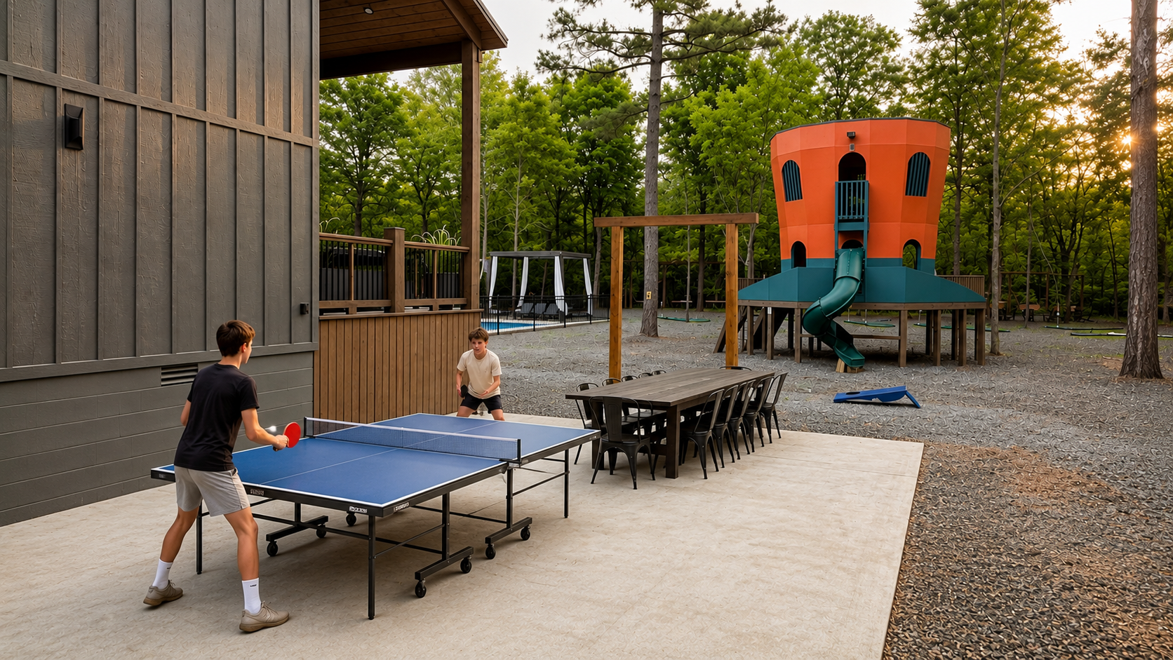 Outdoor Recreation Space: Play ping pong or slide into adventure in this fun-filled backyard!