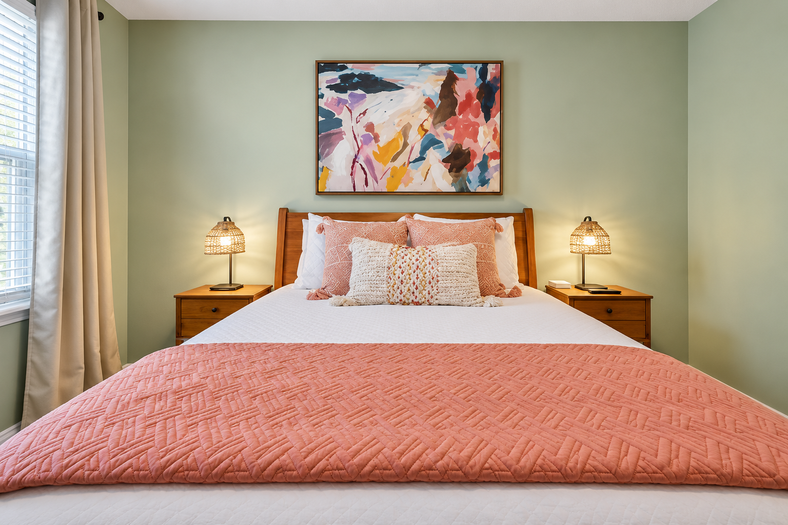 We get a lot of compliments over the mid-century modern feel of this bedroom which also comes with a smart tv and a ceiling fan.