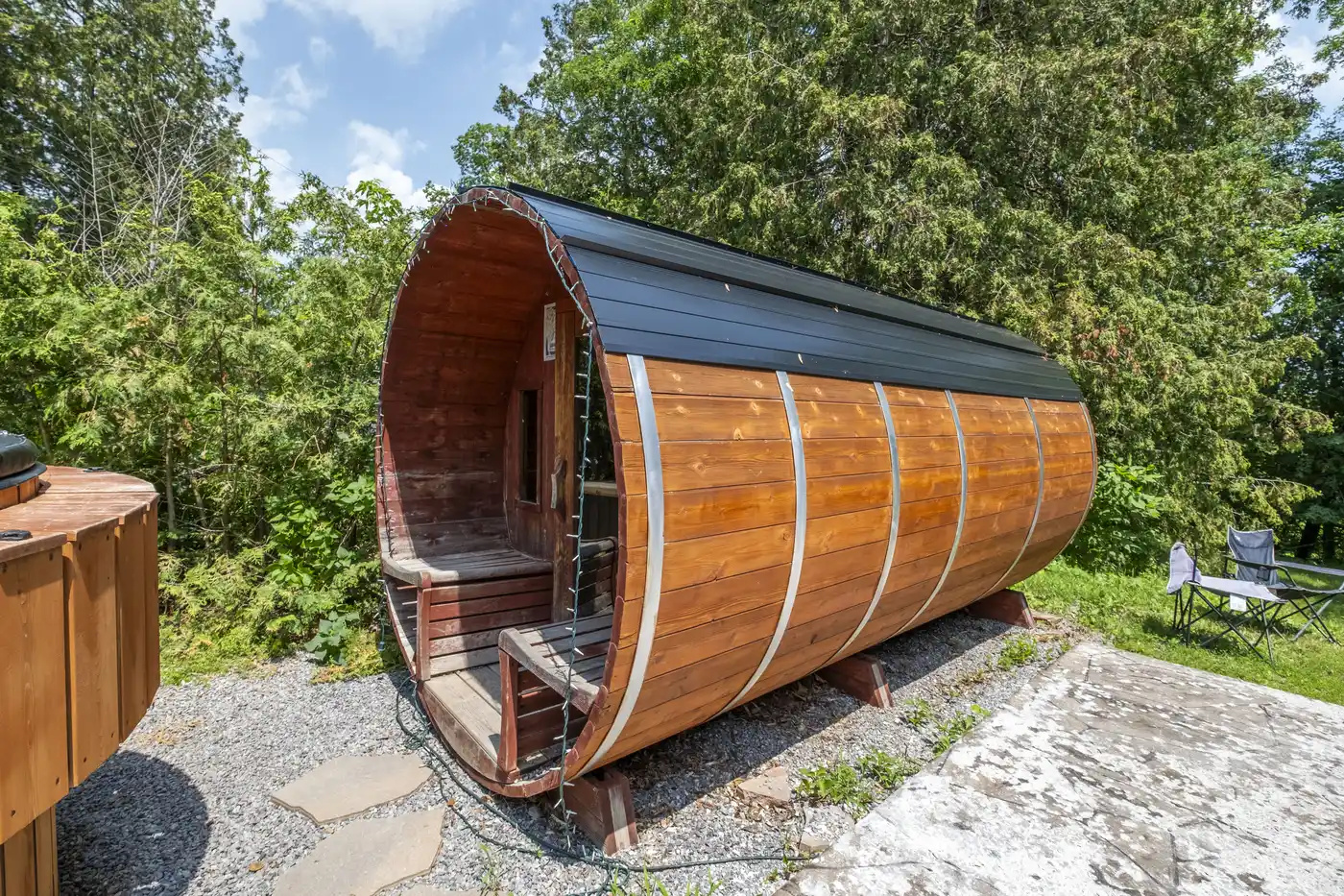Private barrel sauna beside Cottage #4
