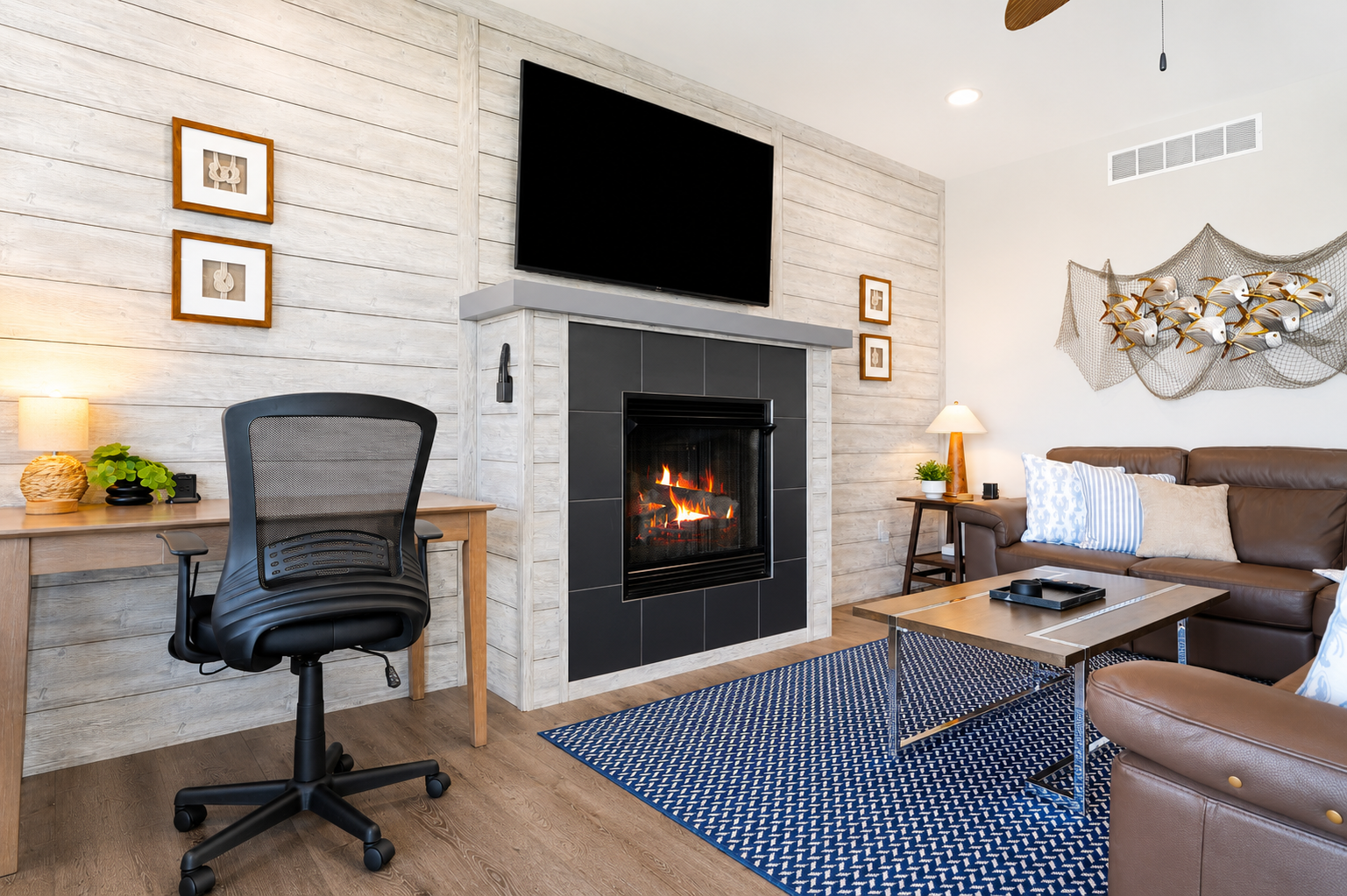 Gather around the cozy fireplace, stream your favorites on the Smart TV, or catch up on work at the dedicated workspace—all in one comfortable, thoughtfully designed living space.